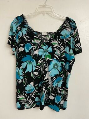 Black V-Neck Top with Aqua & Blue Floral Print, Flutter Sleeve Y2K Size 18/20